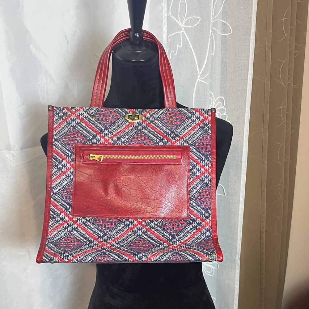 Red and Blue Patterned fabric and vinyl Tote Bag